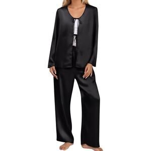 Blooming Jelly Women Silk Pajamas 2 Piece Set PJ Set Long Sleeve Tie XL